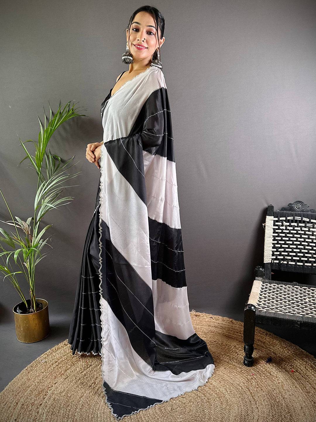 Black And White Poly Chiffon Swaroki Work Saree