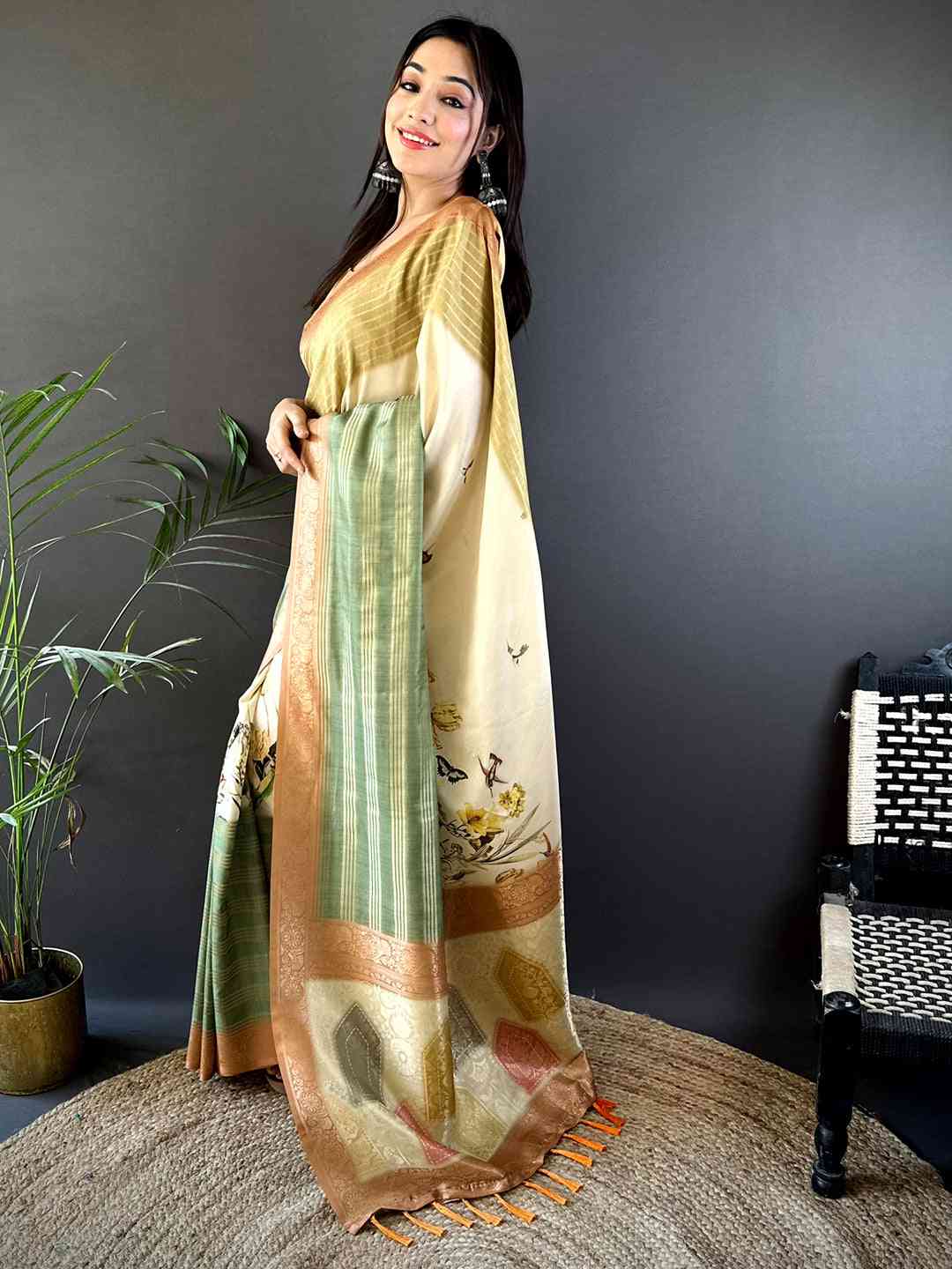 Pastel Cream Soft Crepe Silk Digital Ombre Saree