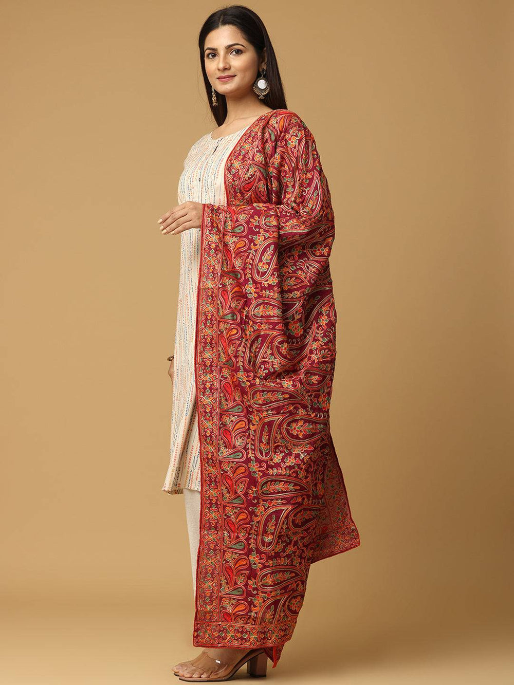Side view of red embroidered poly chiffon pashmina dupatta