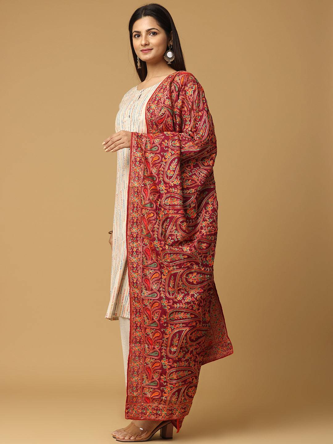 Side view of red embroidered poly chiffon pashmina dupatta
