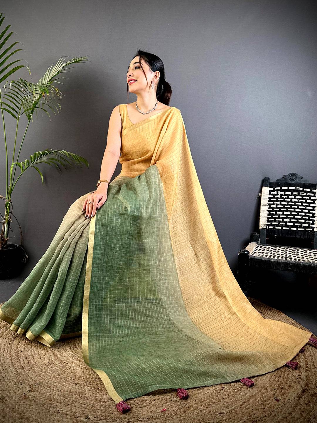 Elegant Linen 90 Zari Check Saree