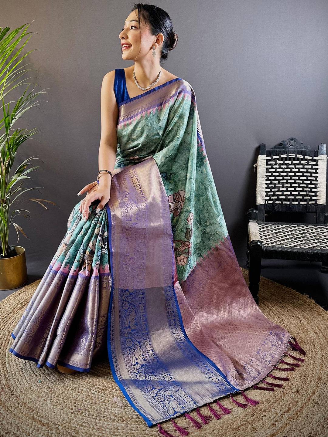 Intricate Aqua Pearl Banarasi Silk Saree
