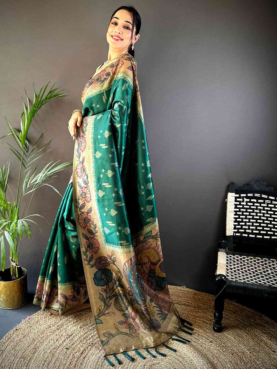 Green Soft Silk Kalamkari Printed Pallu Saree