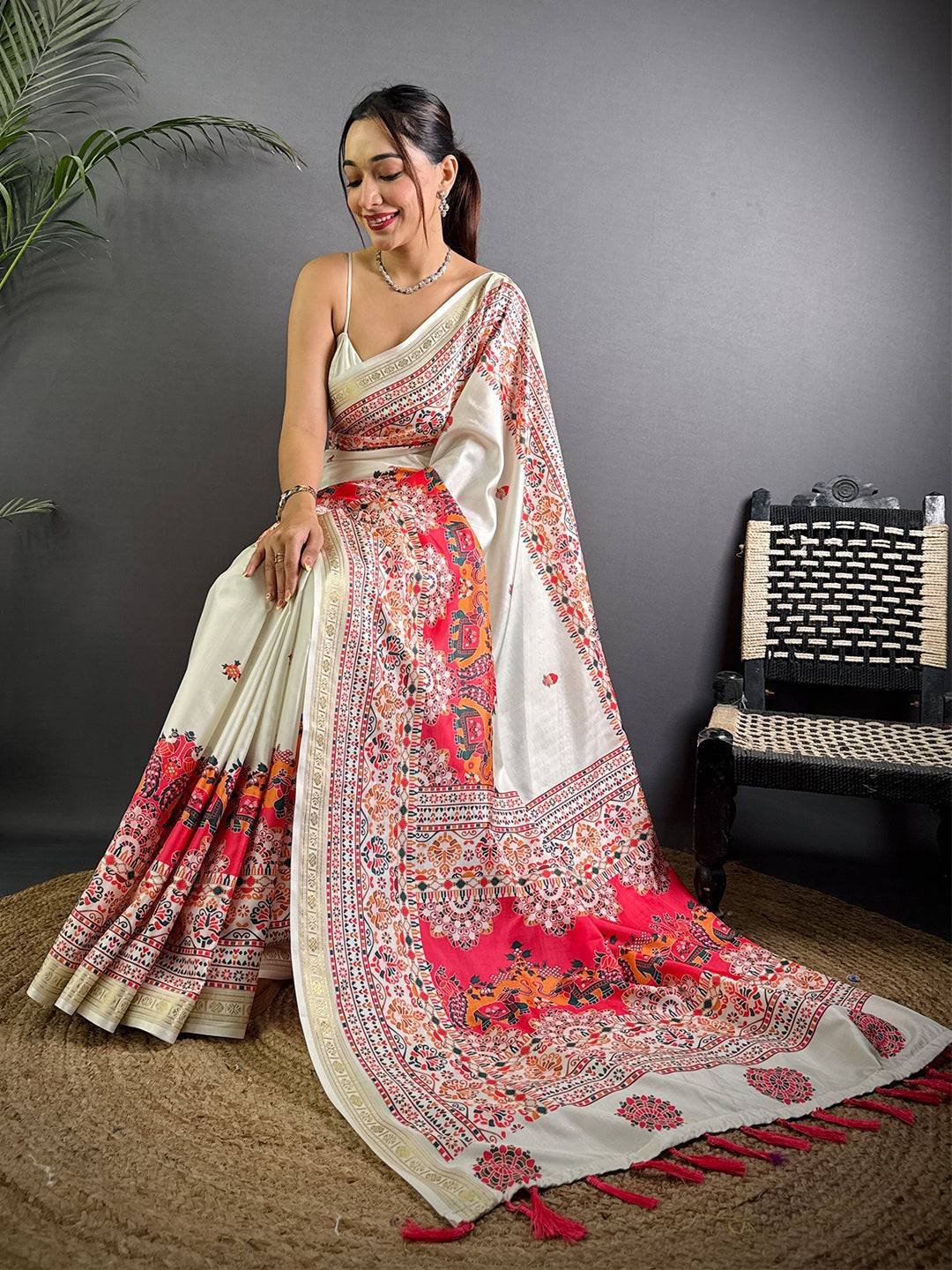 White Soft Silk Pashmina Kashmiri Print Saree