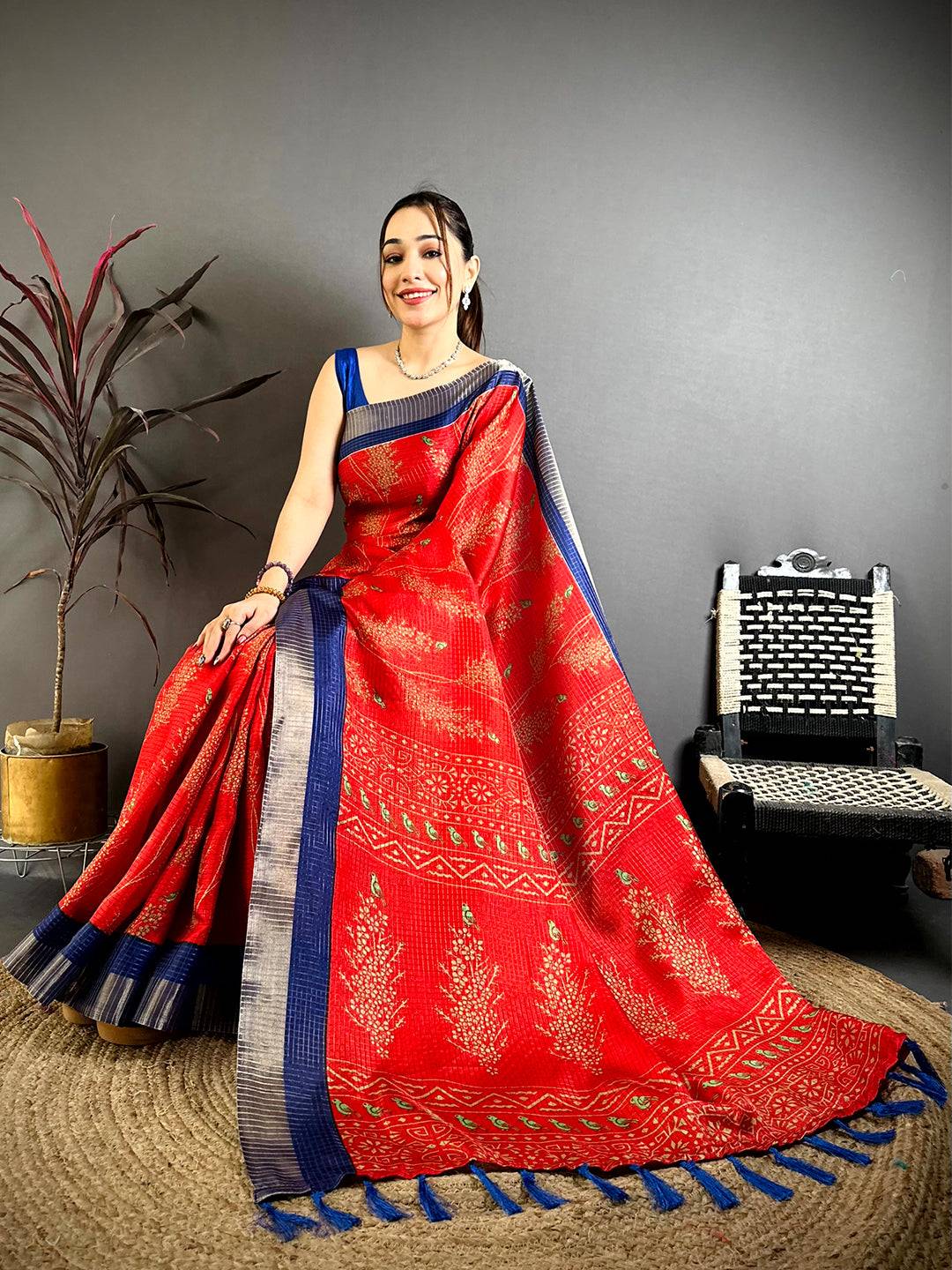 Red Tussar Zari Chex Bird Motif Saree