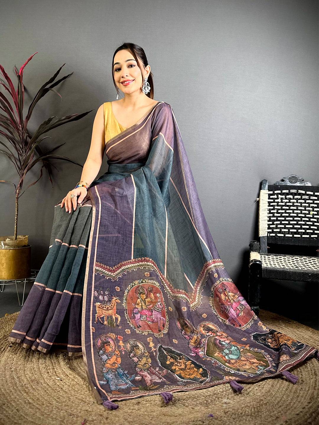 Classic Stripe Linen Tissue Saree