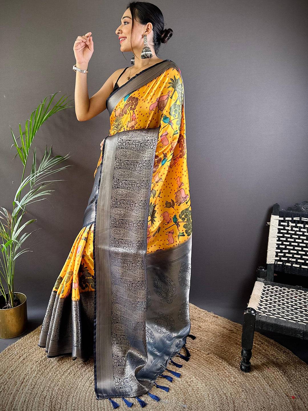 Yellow Satin Pichwai Print Saree