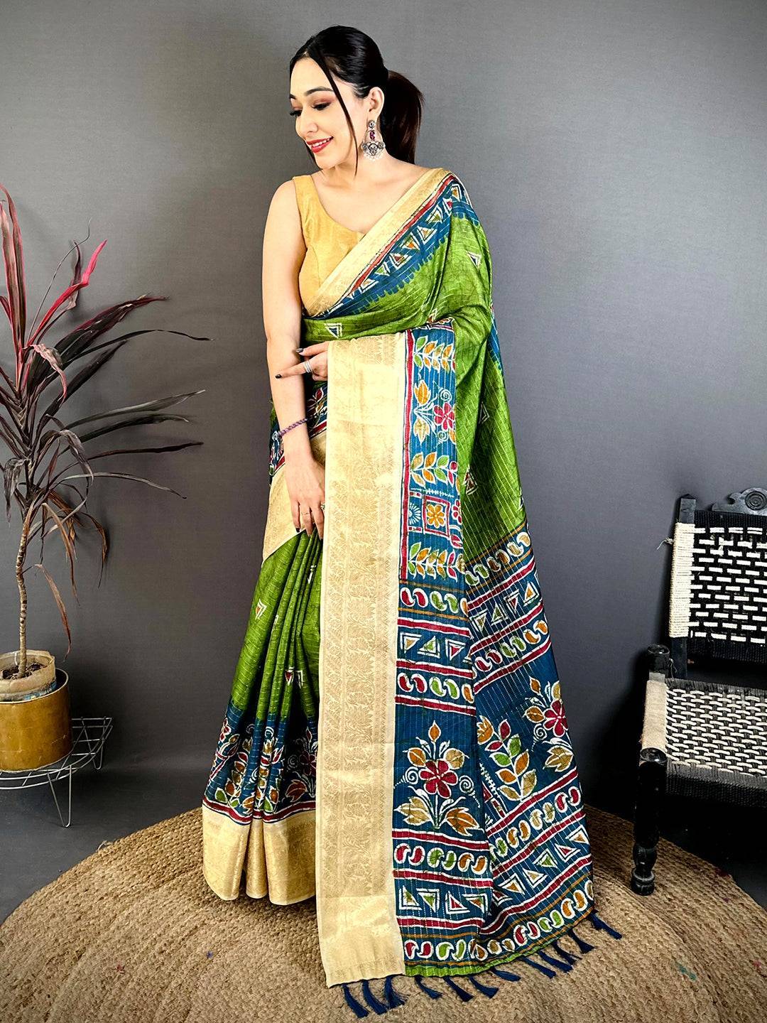Green Dola Kalamkari Zari Stripe Saree