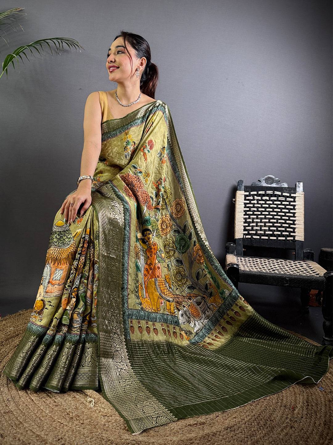 Light Green Pure Viscose Floral Printed Saree
