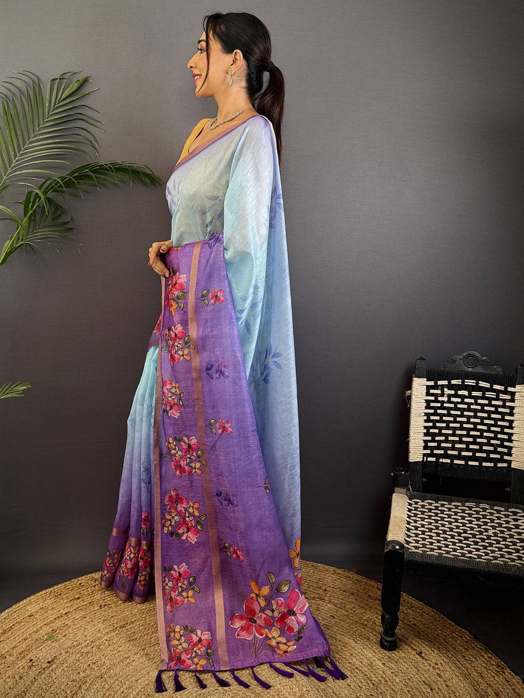 Sky Blue Linen Chanderi Floral Print Saree