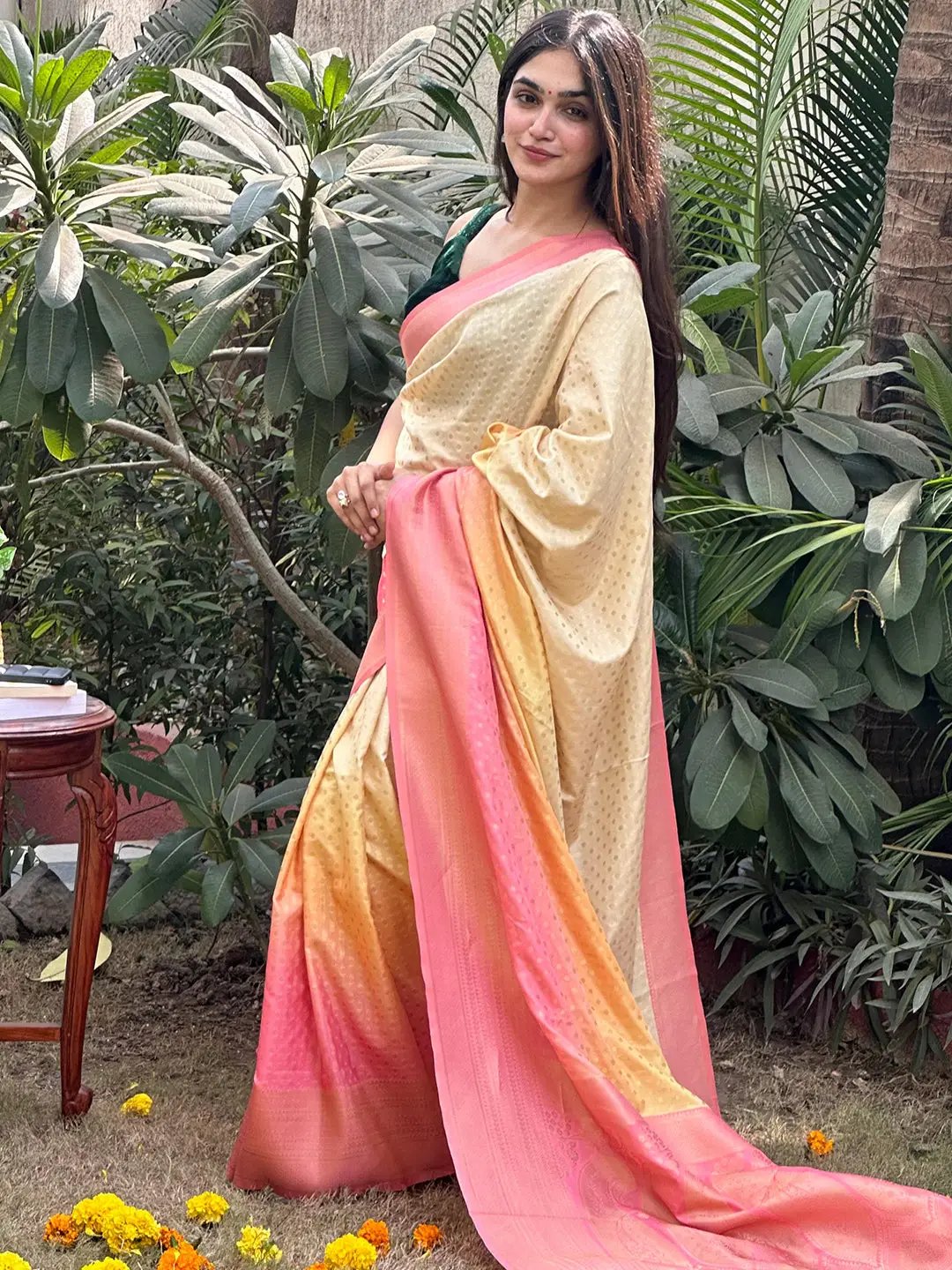 Soft Silk Banarasi Ombre Saree in garden setting