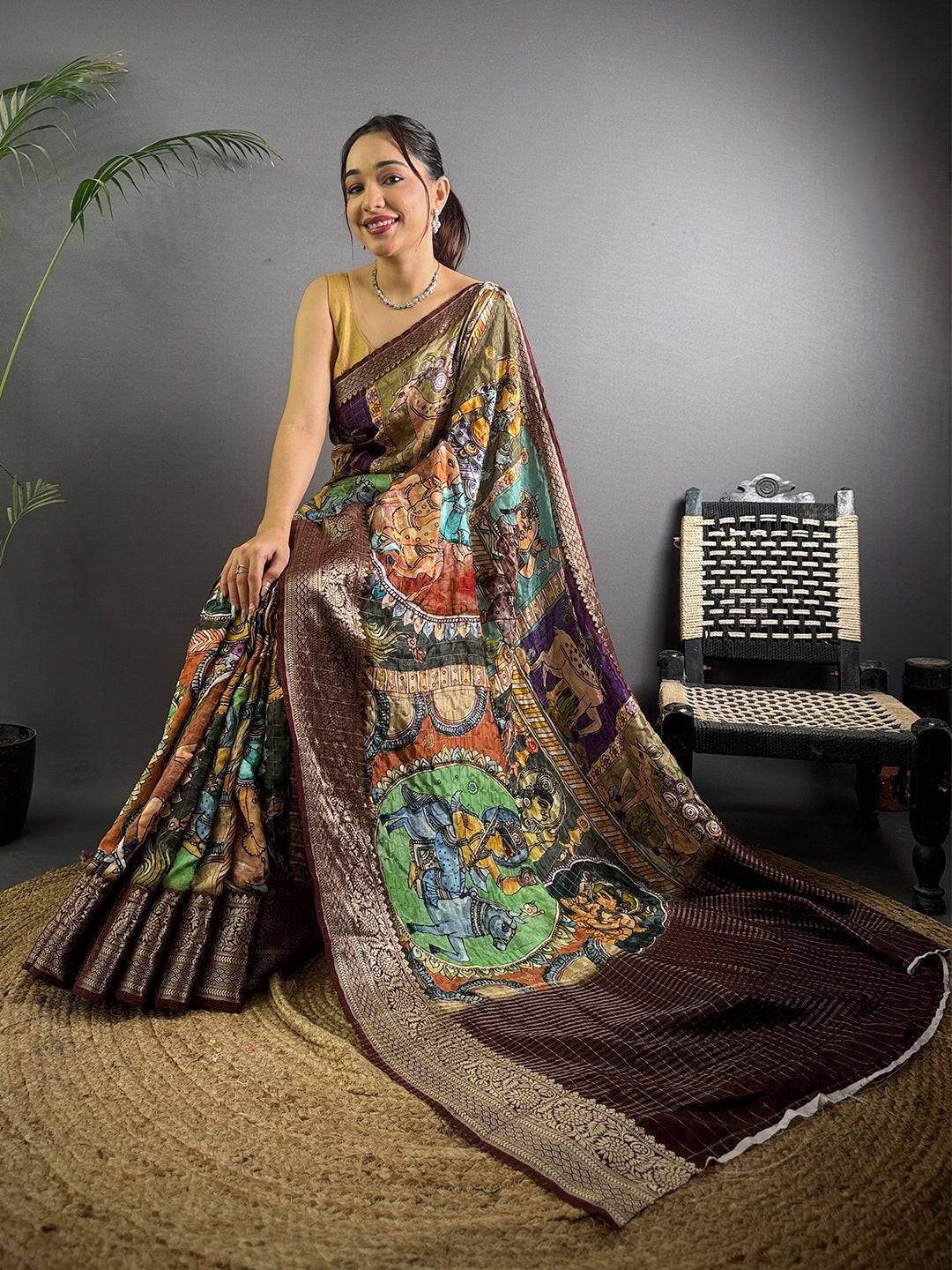 Multi Pure Viscose Kalalmkari Printed Saree