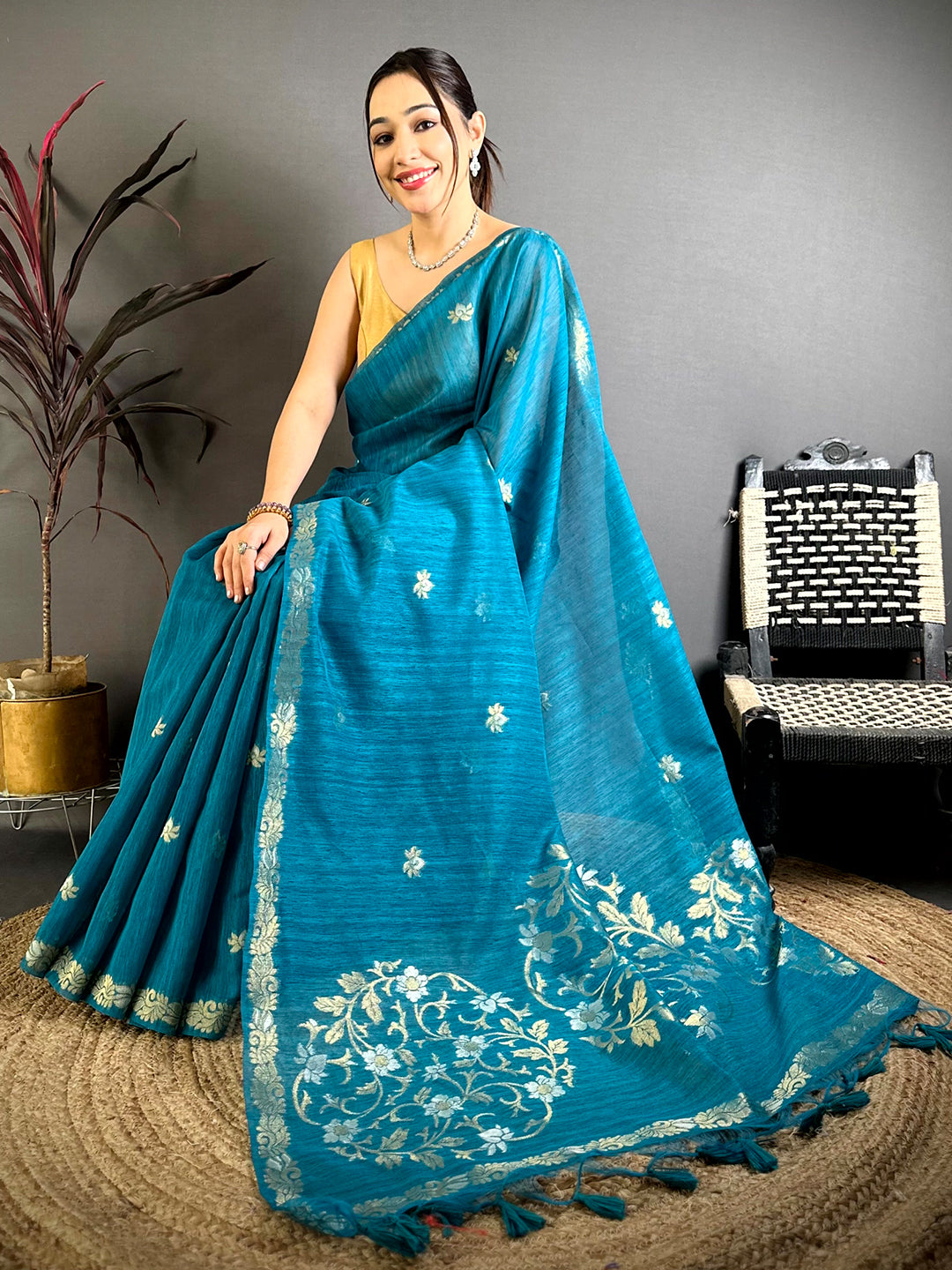 Sky Blue Sona Chandi Muga Cotton Saree