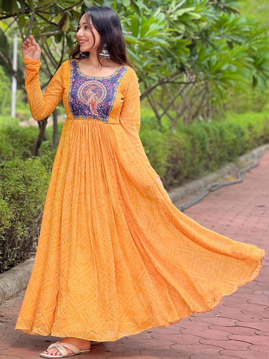 Honey Gold Bandhej Dress with Kalamkari Design