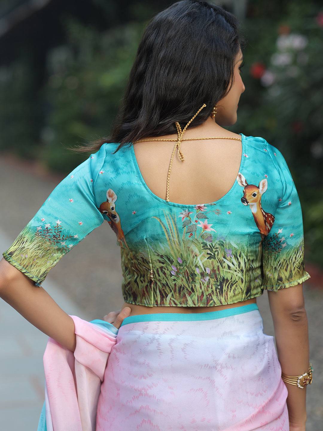 Latest Satin Georgette Multi Colour Hand Print Saree