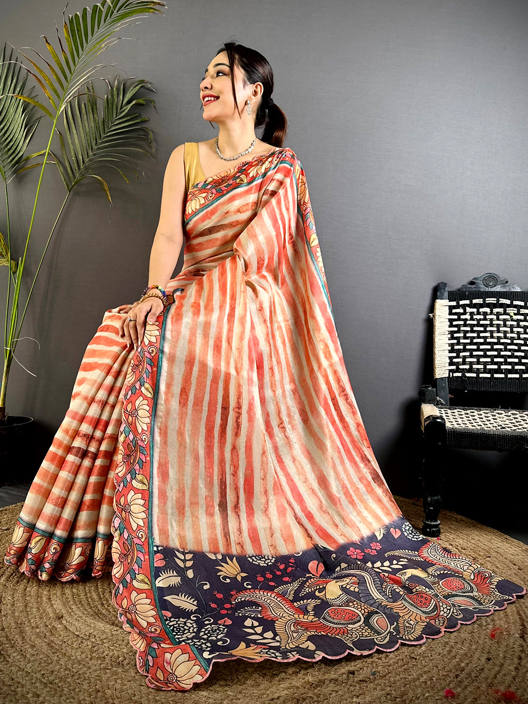 Stylish Pen Kalamkari Shibori Cutwork Saree