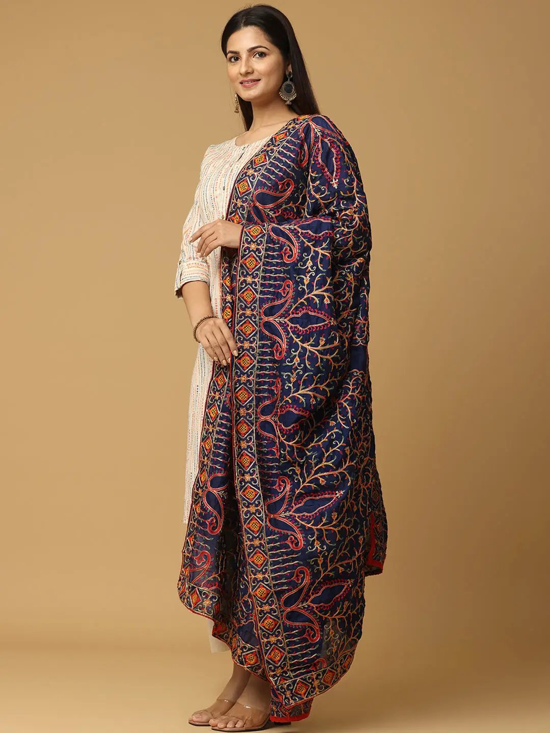 Side view of stylish navy dupatta with threadwork design