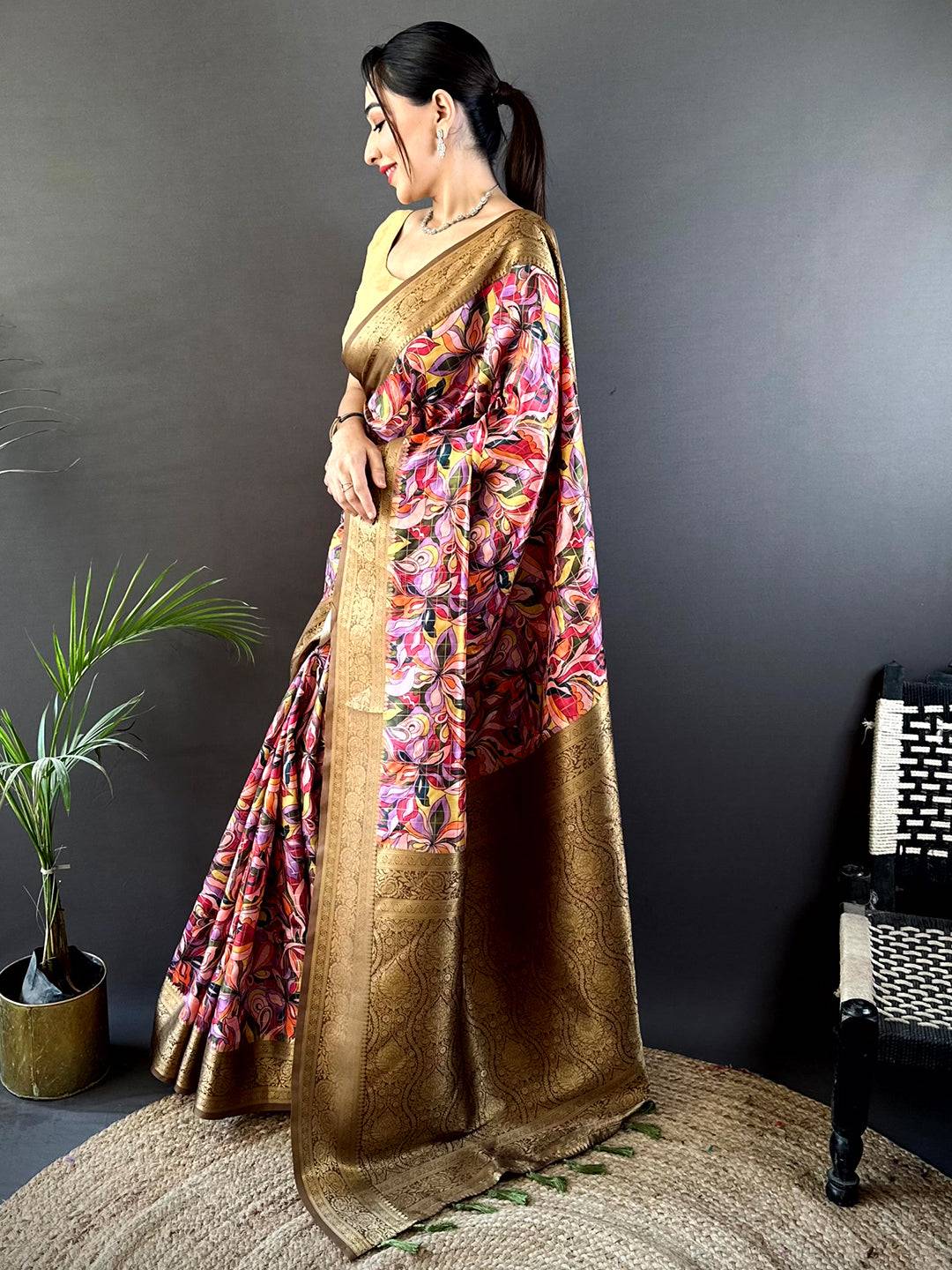 Brown Soft Gadwal Pattu Geometric Saree