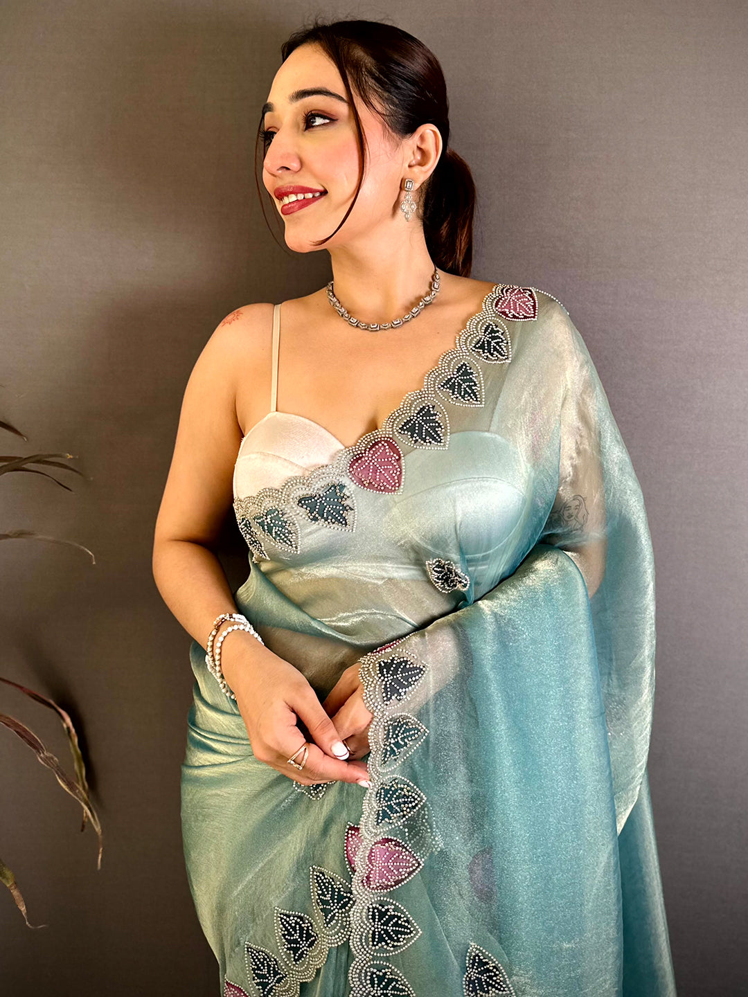 Elegant Hand Painted Border Diamond Work Saree