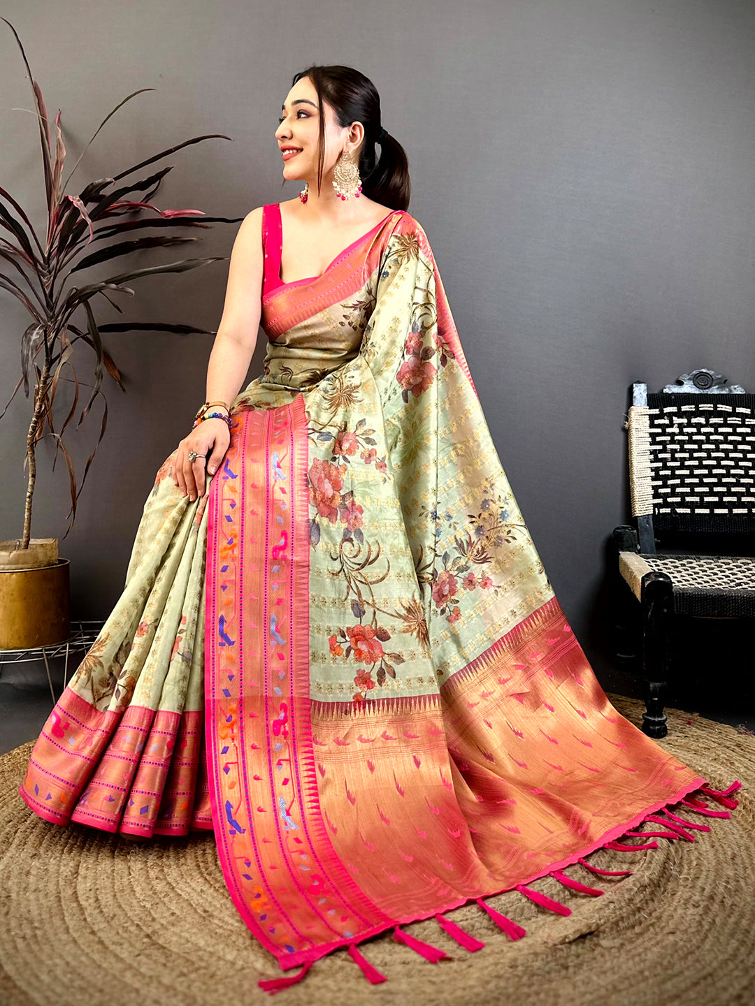 Pista Paithani Border Kora Tissue Saree