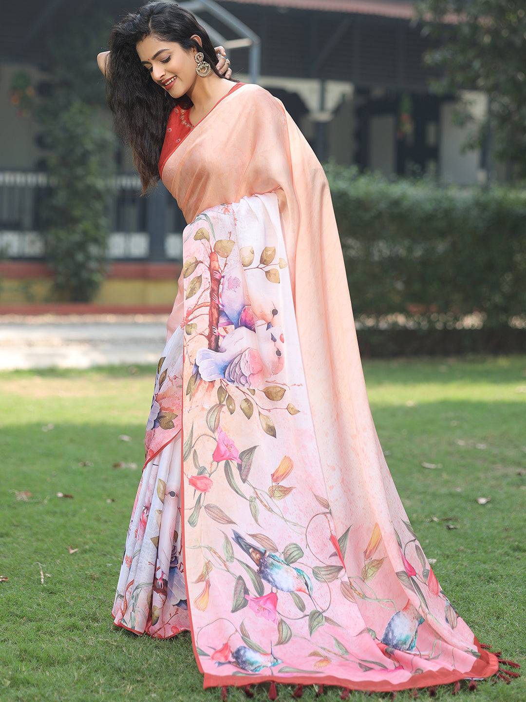 Stylish Satin Georgette Peach Colour Hand Print Saree