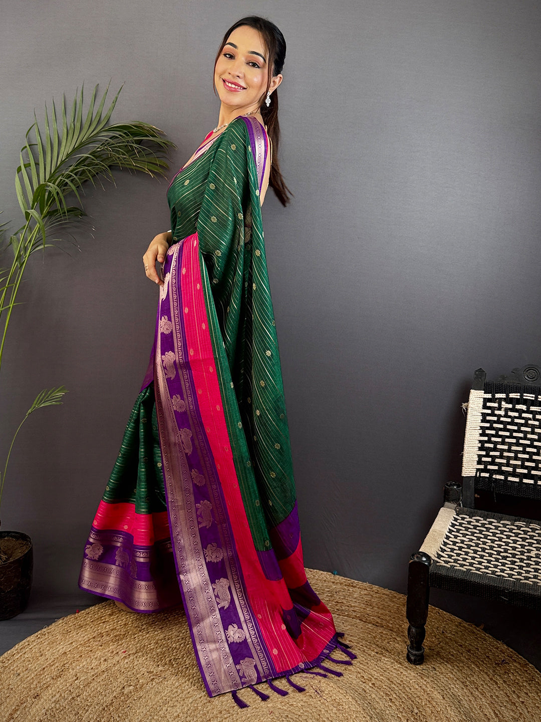 Green Soft Dola Silk Striped Print Saree