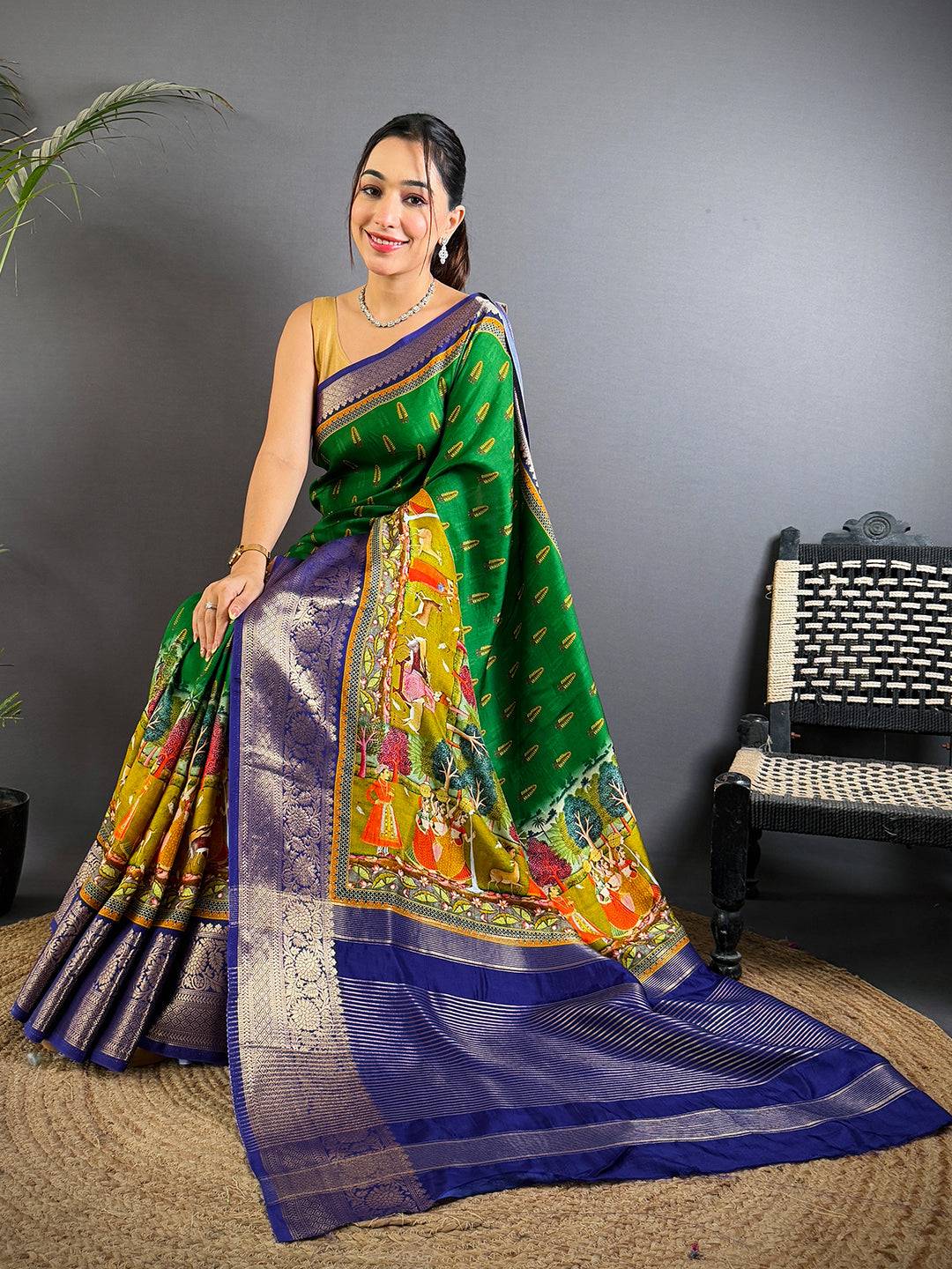 Emerald Green Viscose Pichwai Print Saree