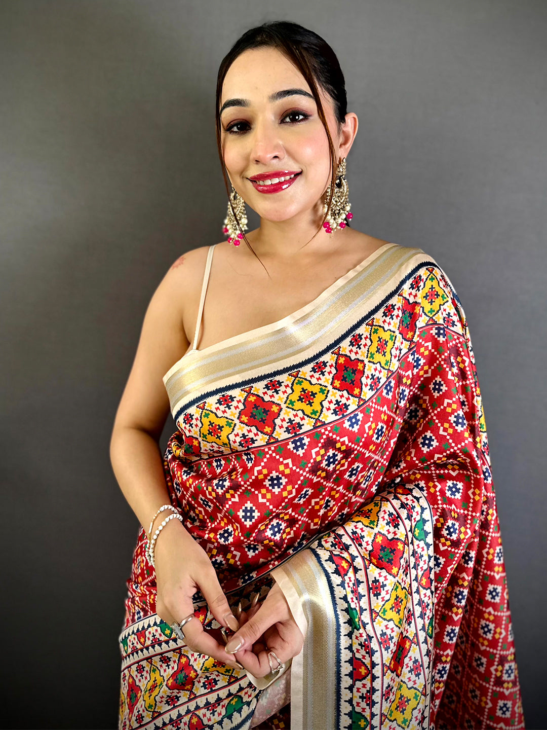 Red Ethnic Digital Ikkat Kanchi Saree
