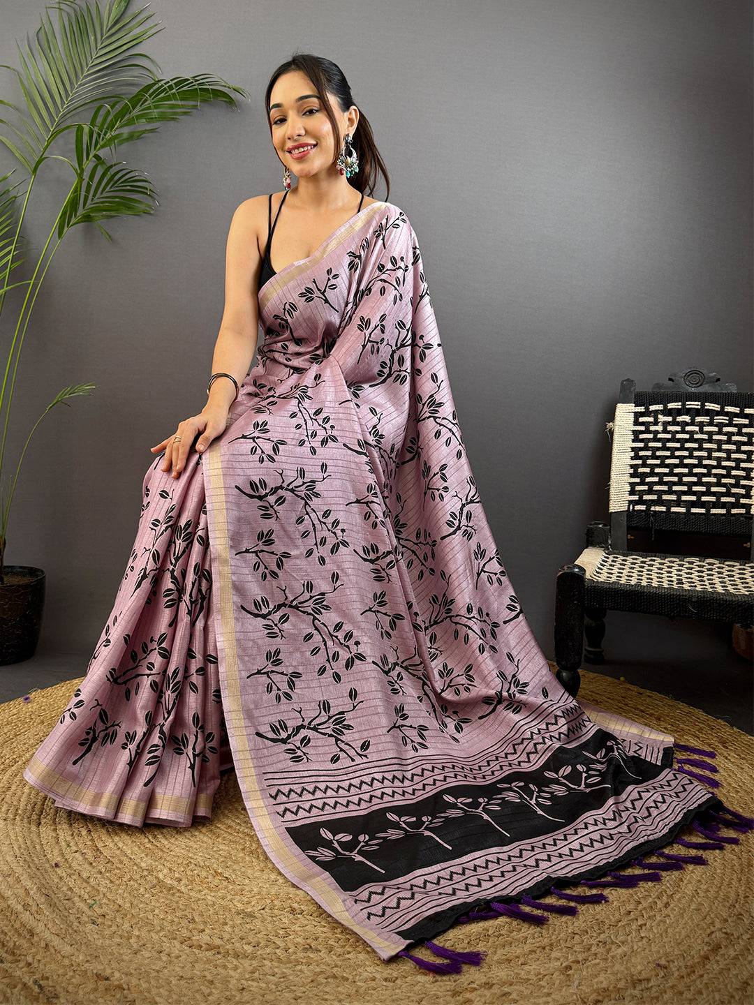 Lavender Ghicha Leaf Print Saree