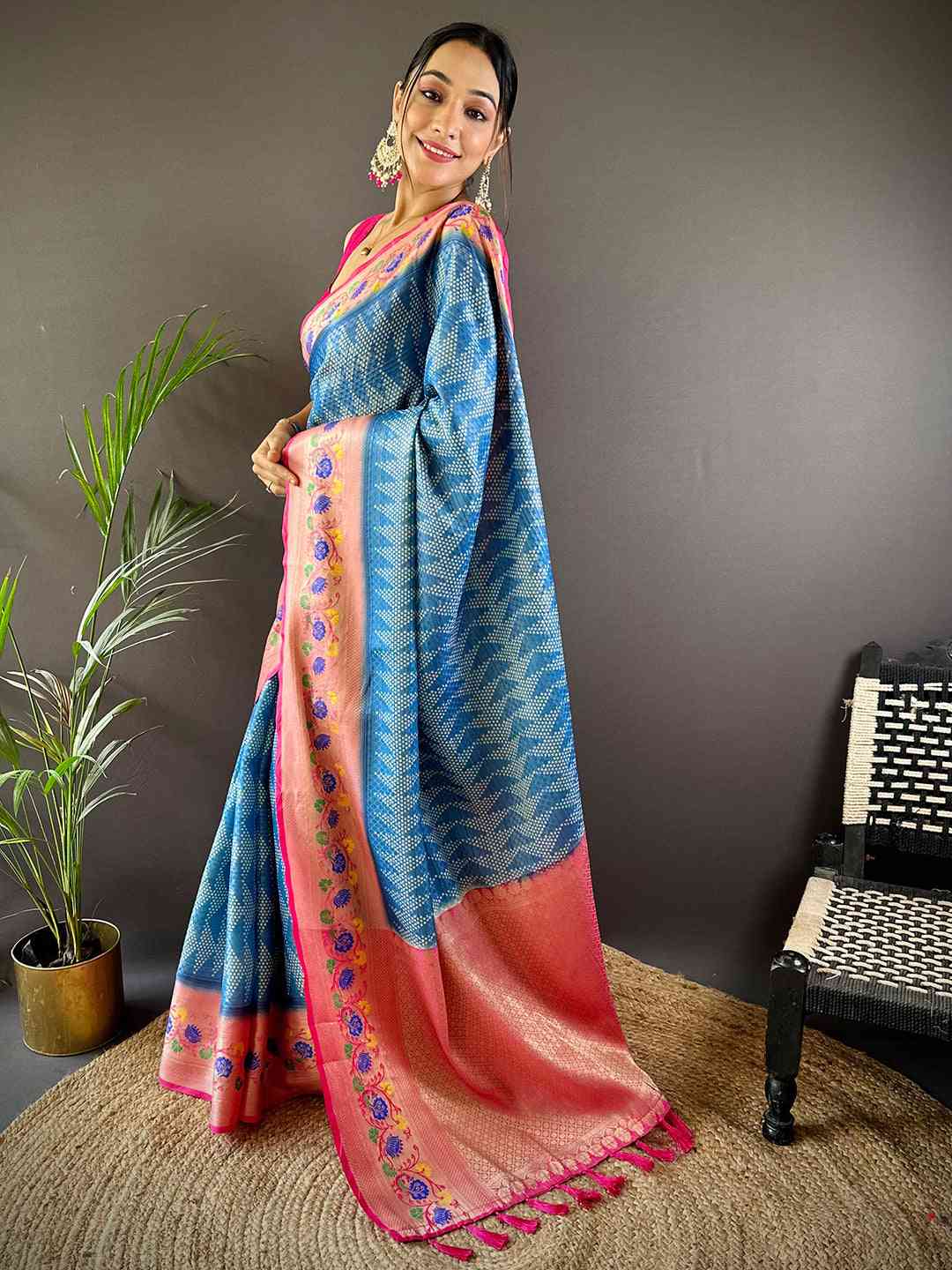 Kora Silk Banarasi Digital Print Saree In Blue Colour