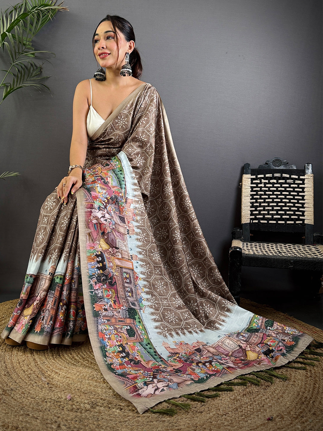 Taupe Kalamkari Digital Printed Saree