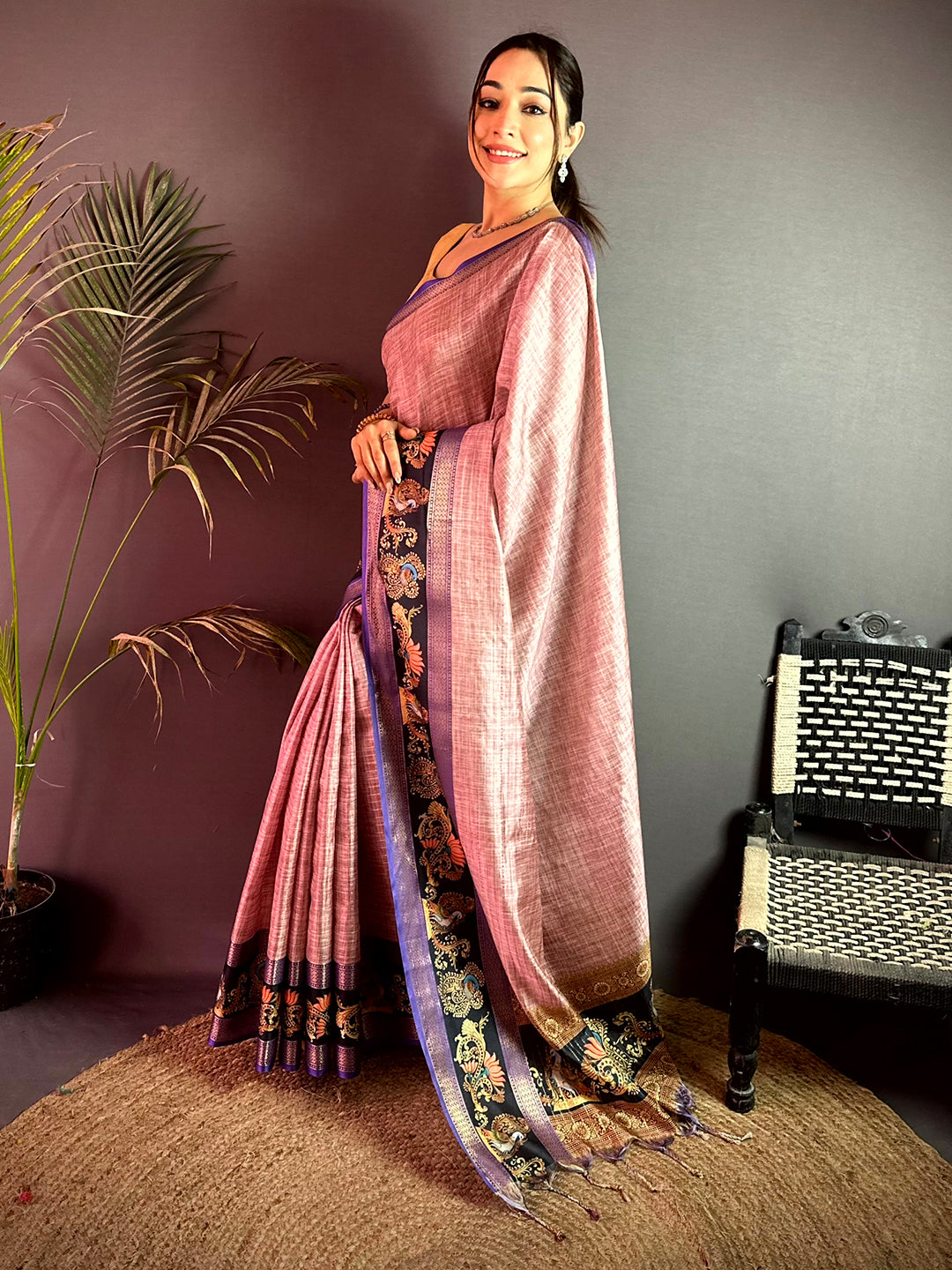 Radiant Tanjore Art Khadi Semi Silk Saree