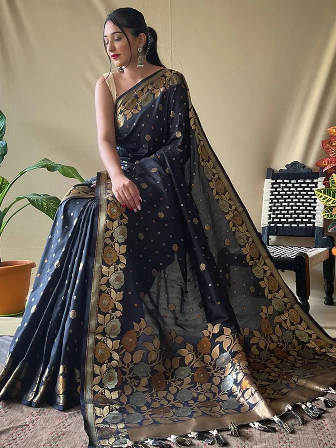 Stylish black Banarasi silk saree draped elegantly