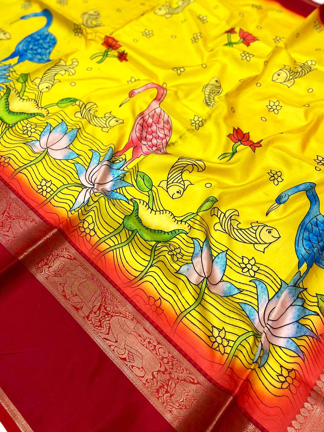 Vibrant Yellow Banarasi Kalamkari Silk Saree