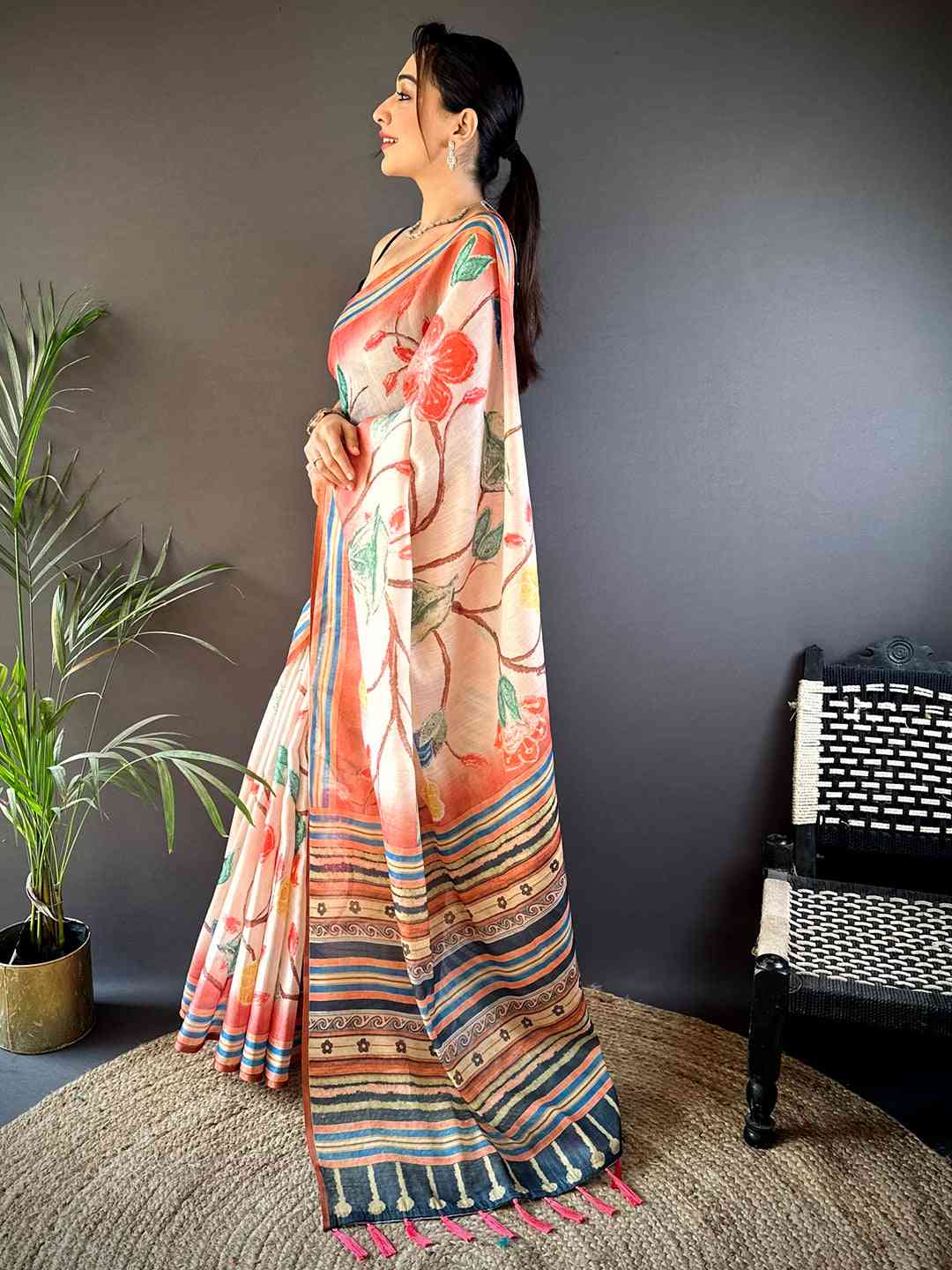 Floral Blush Pink Chanderi Saree