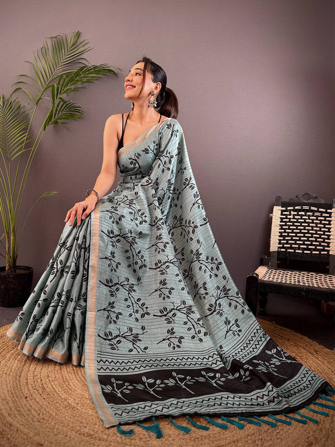 Teal Ghicha Leaf Print Saree