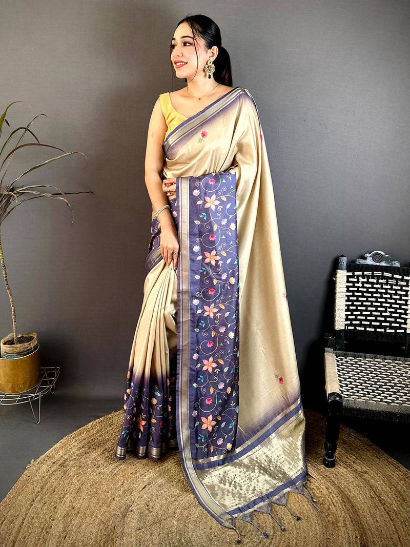 Designer Gold Lakda Patta Kalamkari Saree