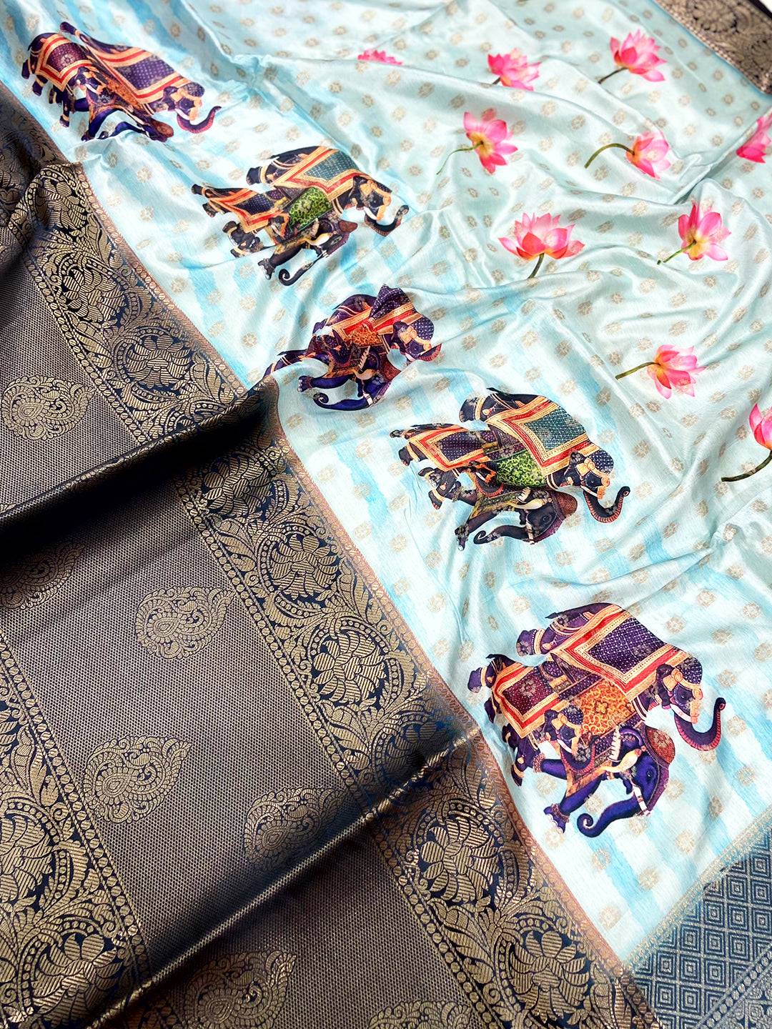 Sky Blue Digital Elephant Motifs Banarasi Saree