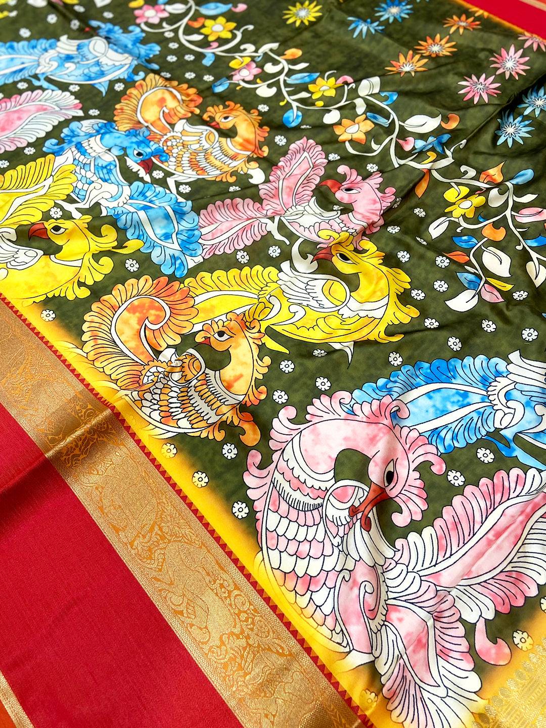 Vibrant Olive Banarasi Kalamkari Silk Saree
