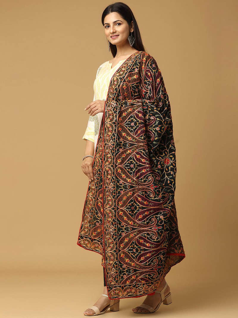 Black Deep Floral Rust Pashmina Dupatta
