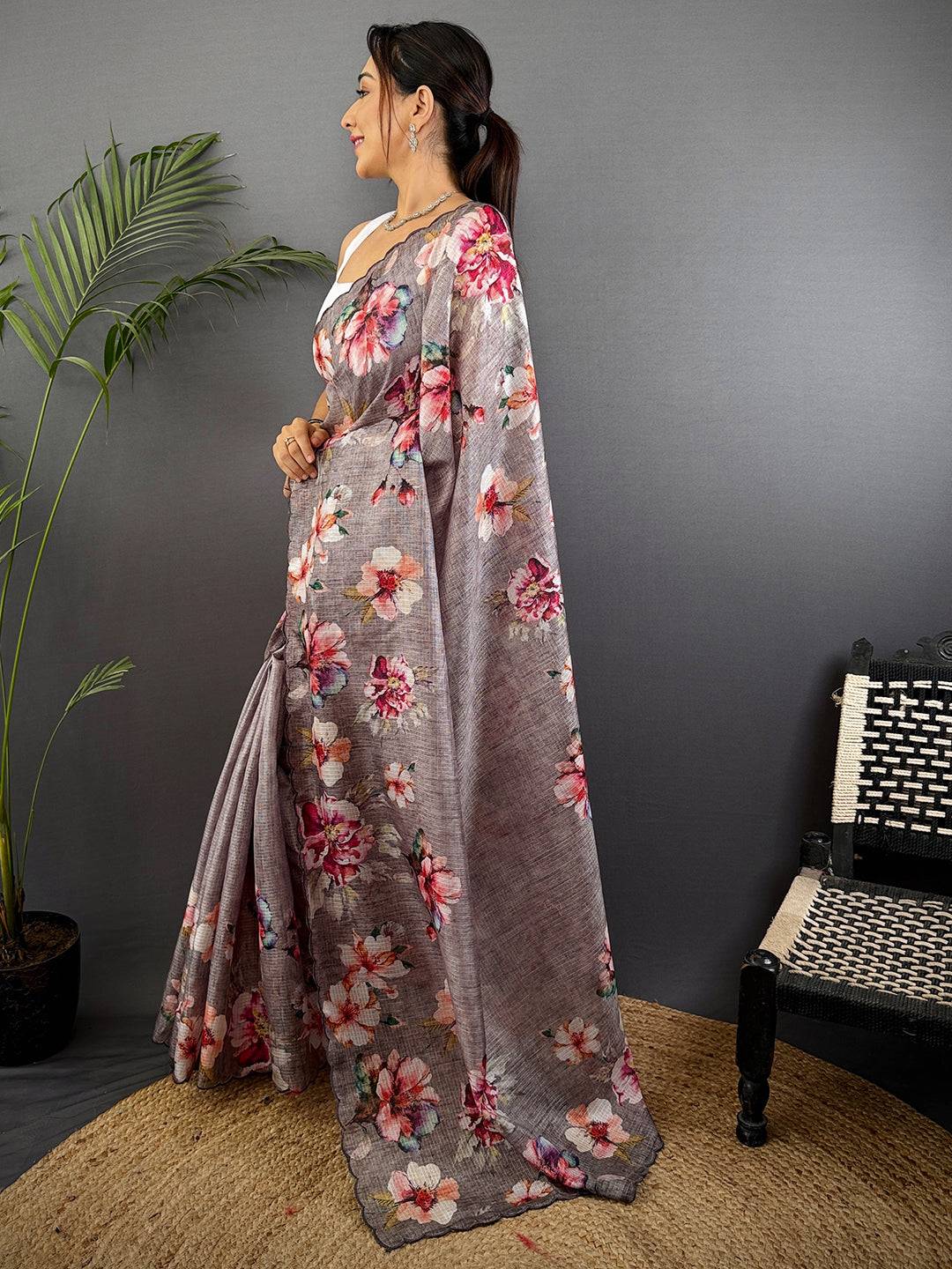 Grey Floral Cut Work Kota Saree