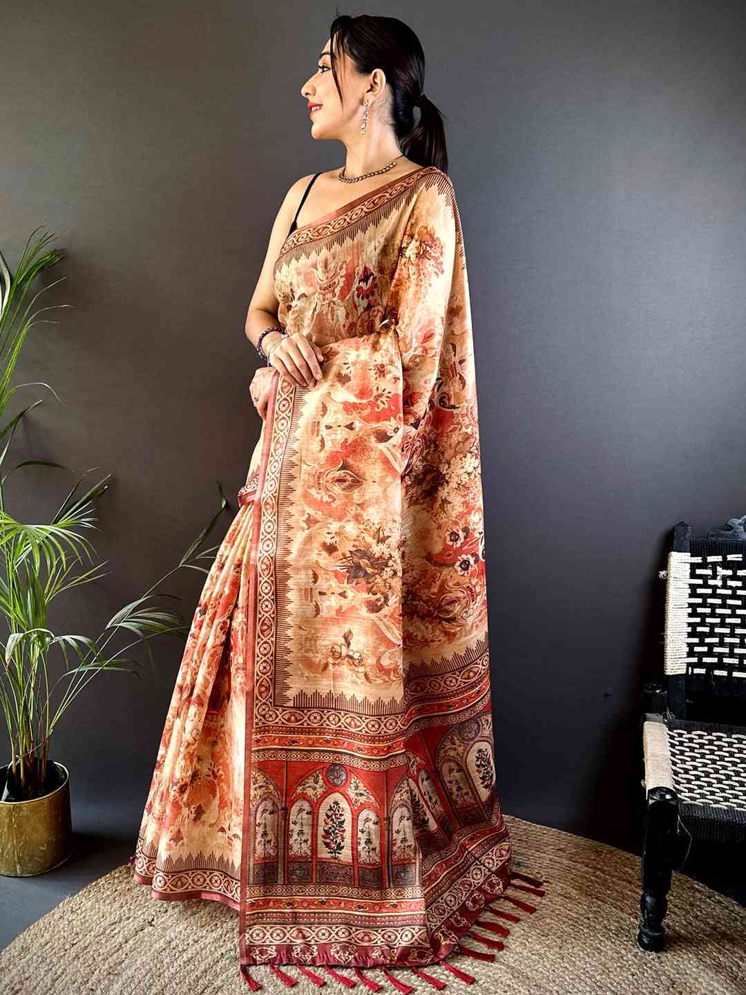 Red Tussar Blossom Saree