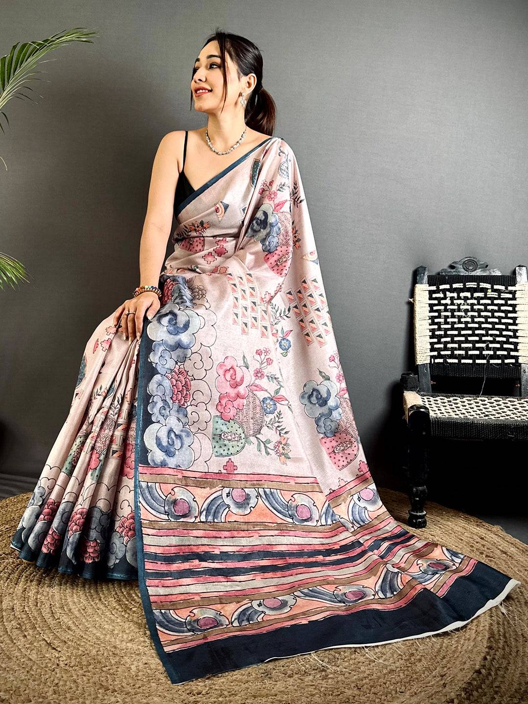 Traditional Floral Kalamkari Tussar Saree