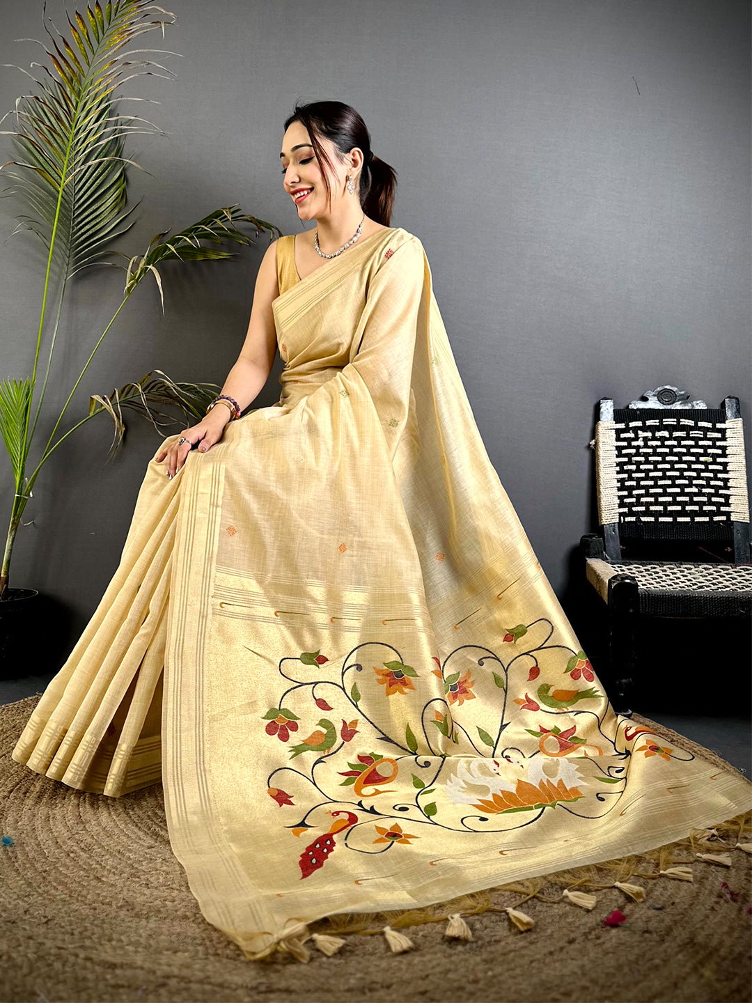 Off White Swan Minakari Linen Saree