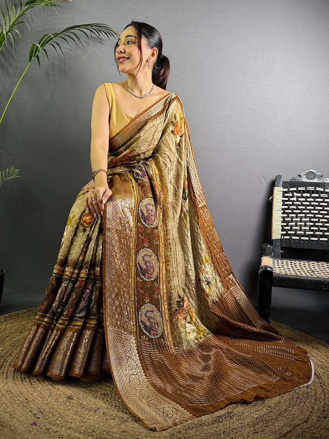 Beige Pure Viscose Digital Print Saree