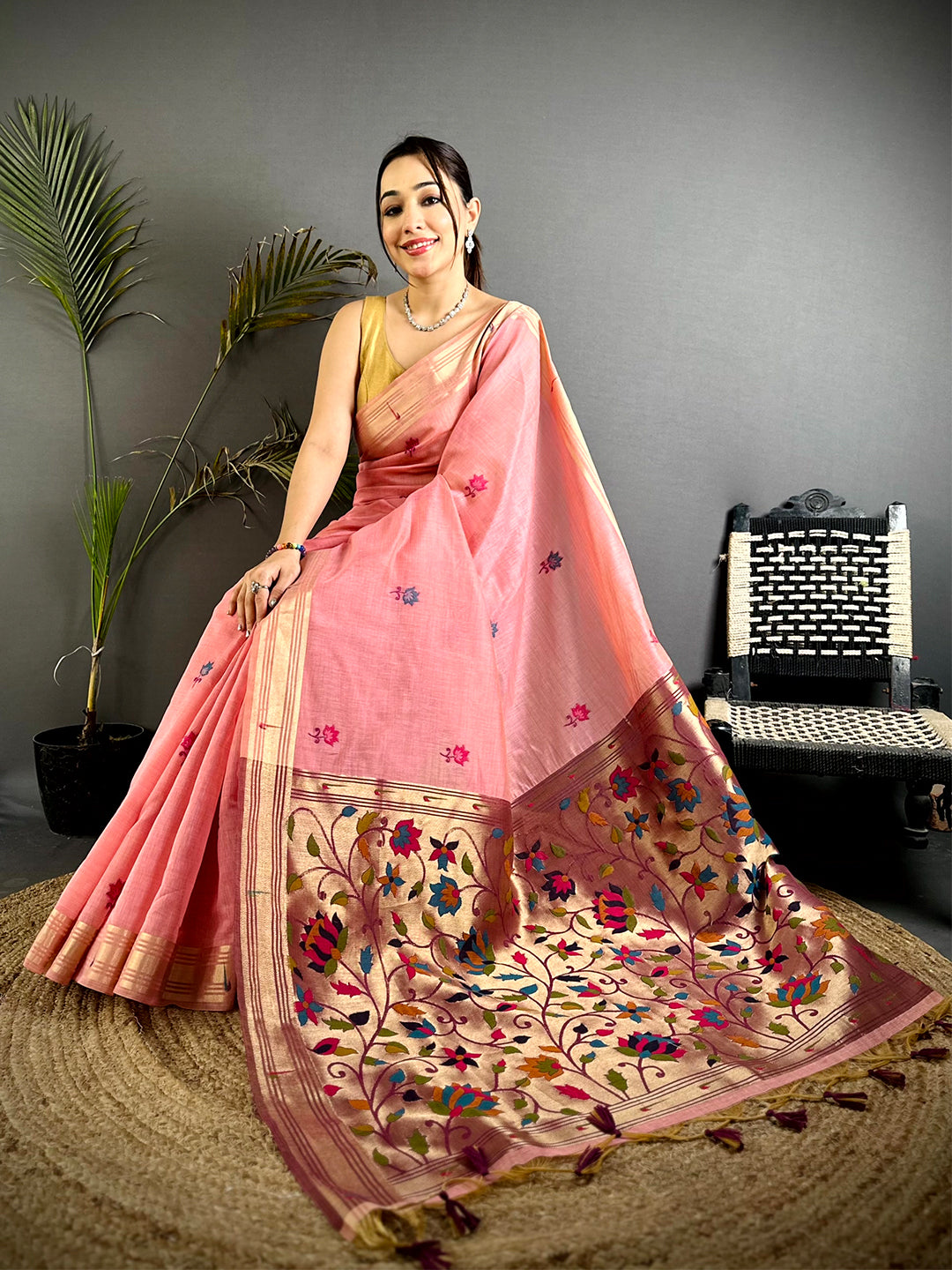 Royal Minakari Butti Khadi Linen Saree