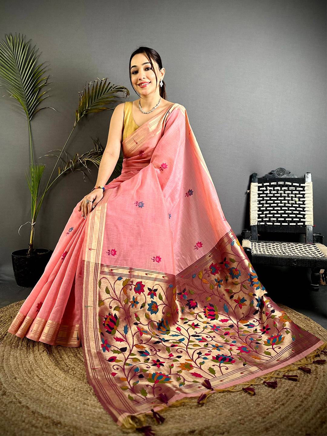 Royal Minakari Butti Khadi Linen Saree