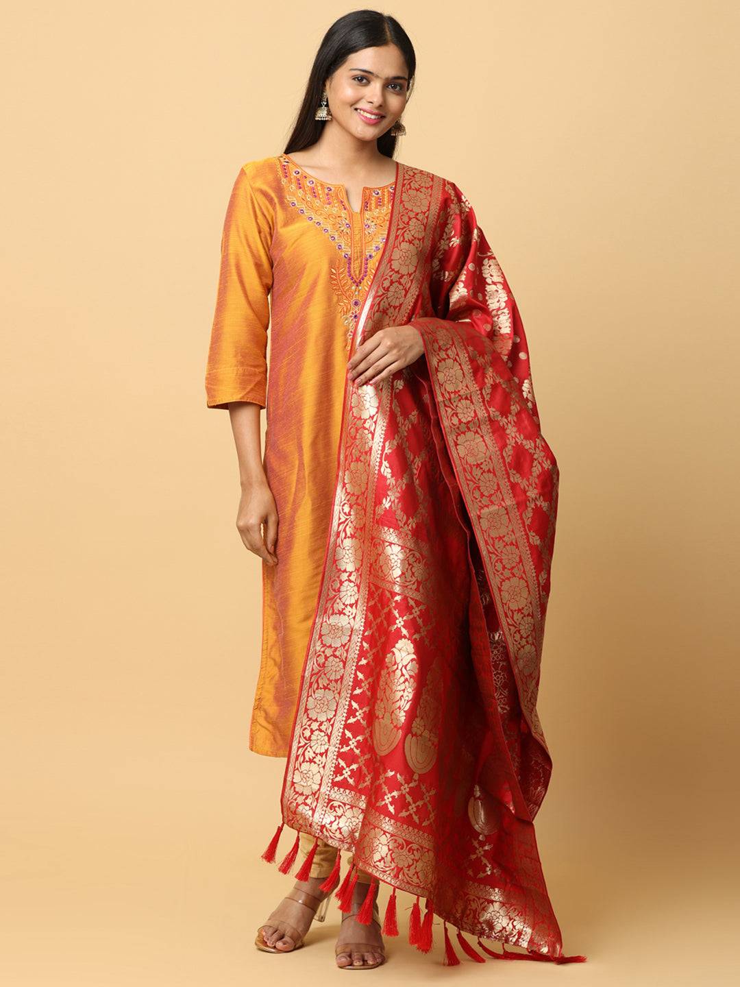 Stylish red dupatta with woven design and tassels