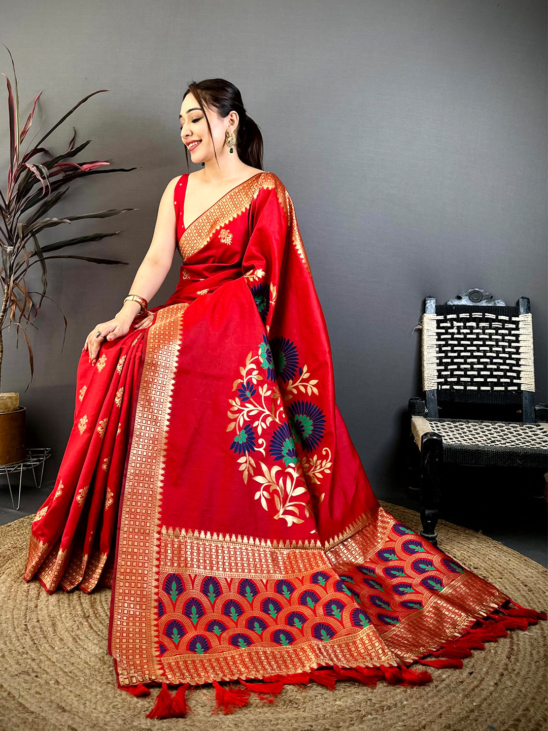Red Banarasi Katan Silk Minakari Saree