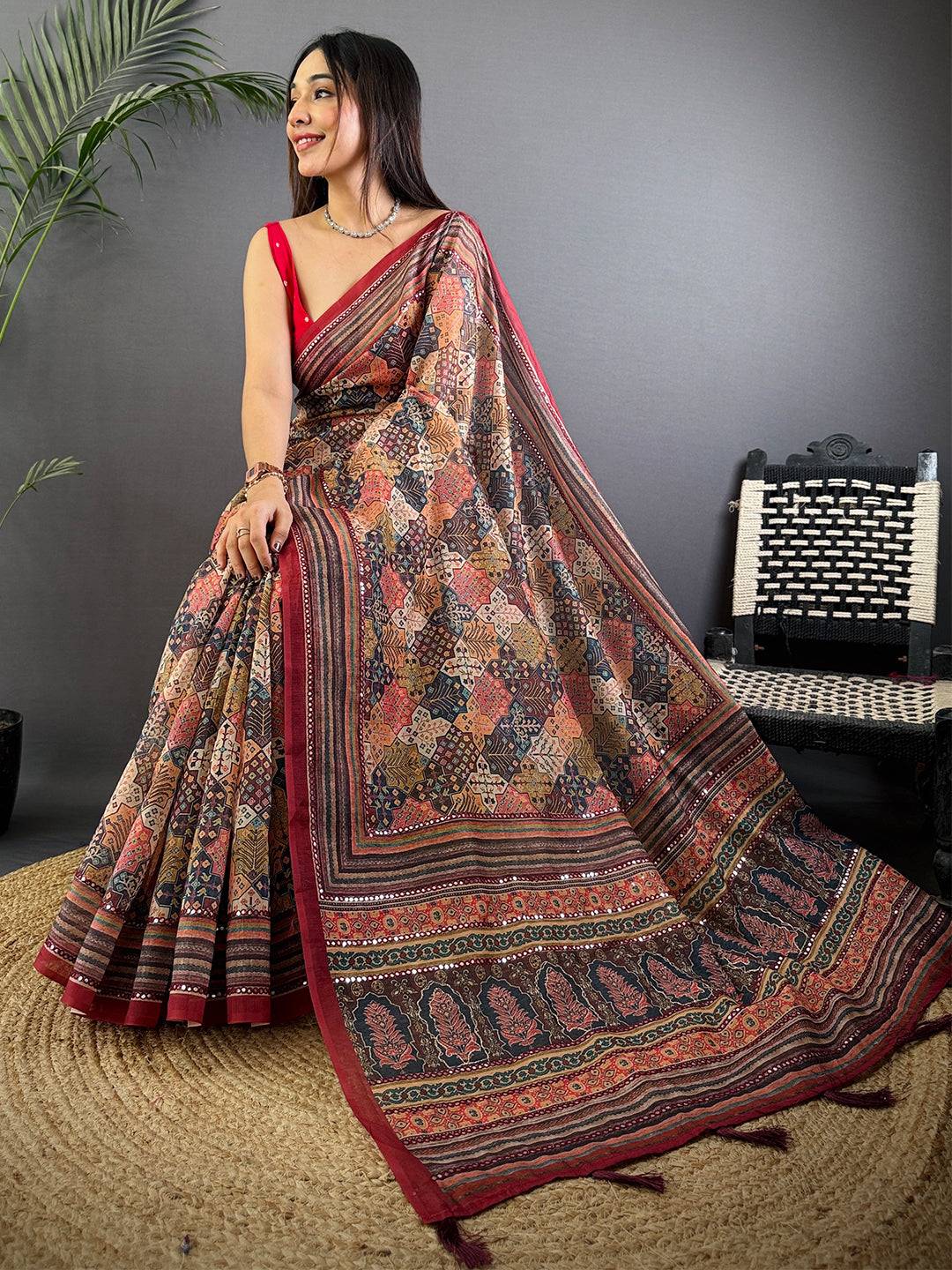 Multi Charm Mirror Work Silk Saree